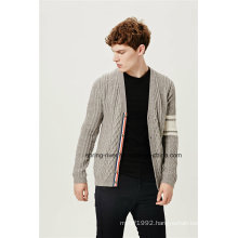 Cable Knit V Neck Men Cardigan with Ribbon